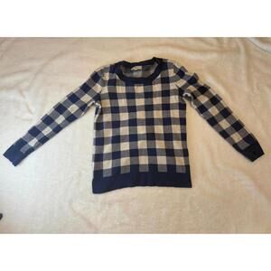 LOFT Women's Blue and Beige Checkered Cotton Sweater Size Small